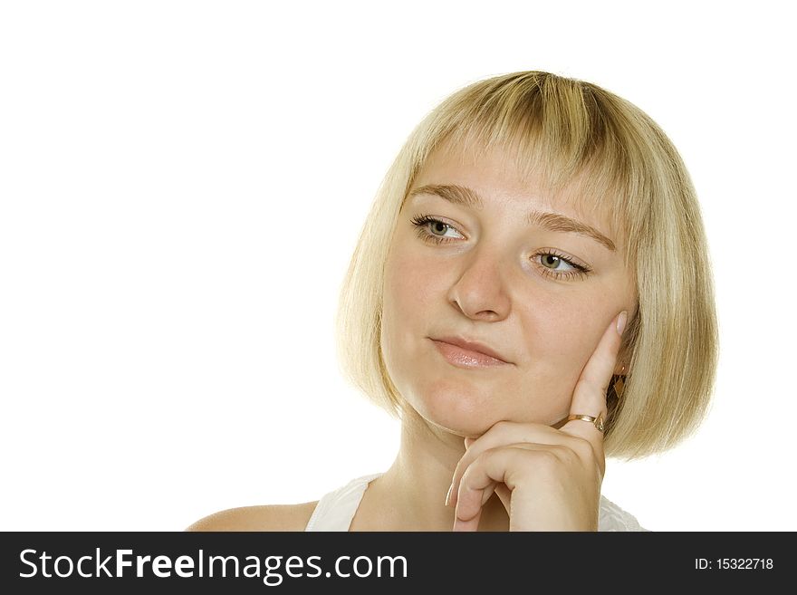 Thoughtful young lady on a white background