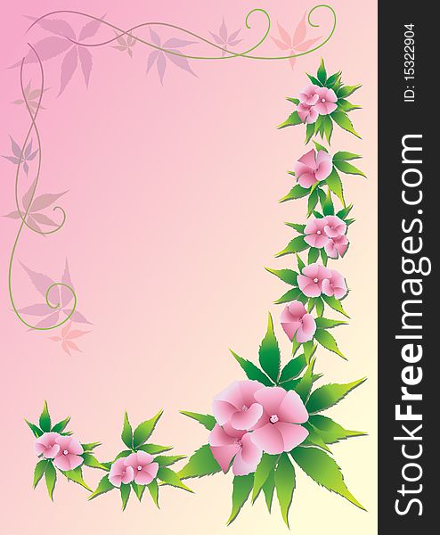 Pink flowers on a pink background with decorative curls and leaves