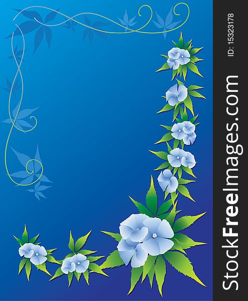 Blue flowers on a blue background witn decorative curls and leaves