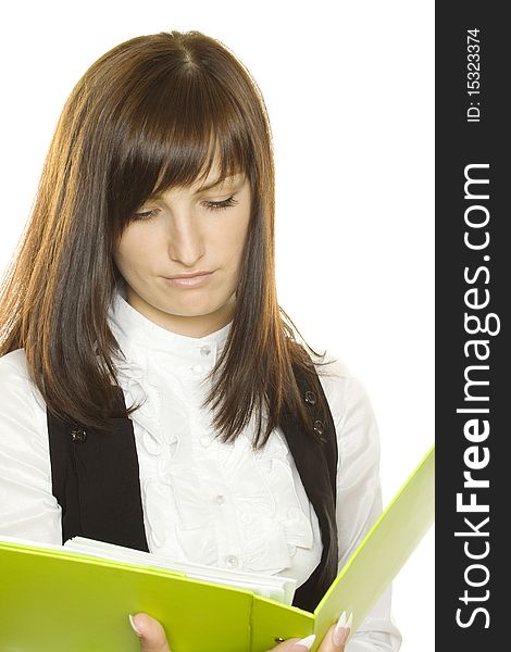 Business woman with a green folder. Reading. Business woman with a green folder. Reading.