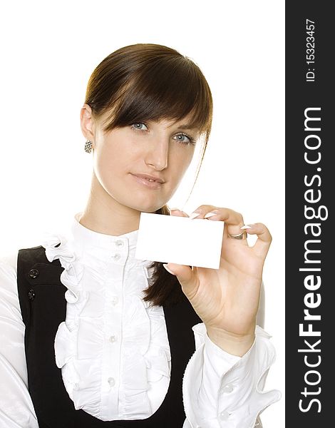 Portrait of a beautiful business woman holding a blank business card.