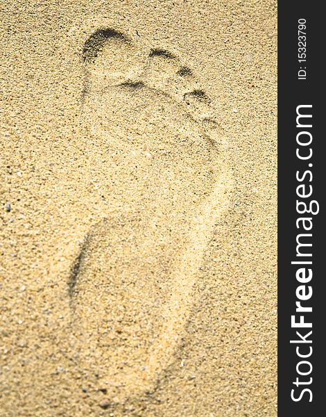 Footprint on a sandy beach in summer