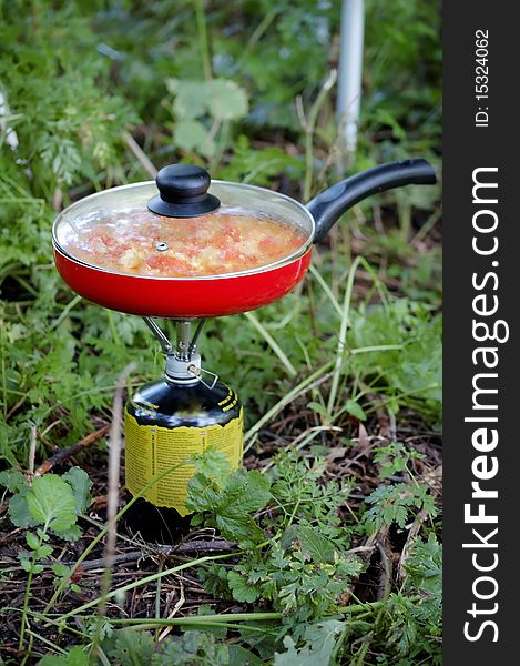 Tourist kitchen with a frying pan and gas bottle