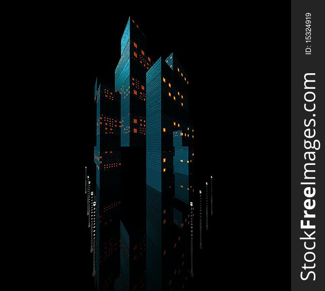 3D render of a building with a reflective ground and black background. 3D render of a building with a reflective ground and black background