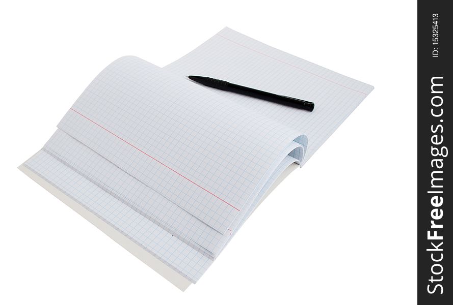 Notebook with pen on a white background