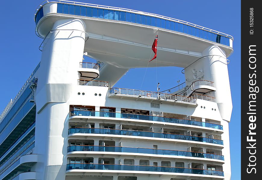 Details of the cruise liner stern stucture on blue sky.