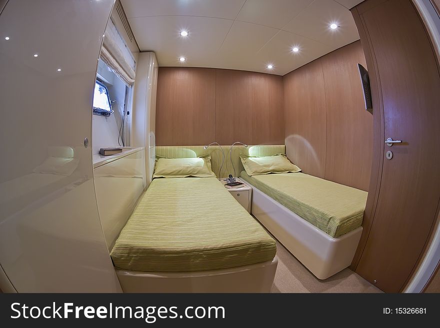 France, Cannes, luxury yacht Continental 80 (boatyard Cantieri Navali del Mediterraneo), guests bedroom. France, Cannes, luxury yacht Continental 80 (boatyard Cantieri Navali del Mediterraneo), guests bedroom