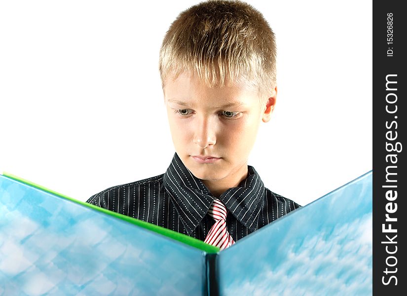 Teenager reads book. Reception of formation. Isolation on white background.