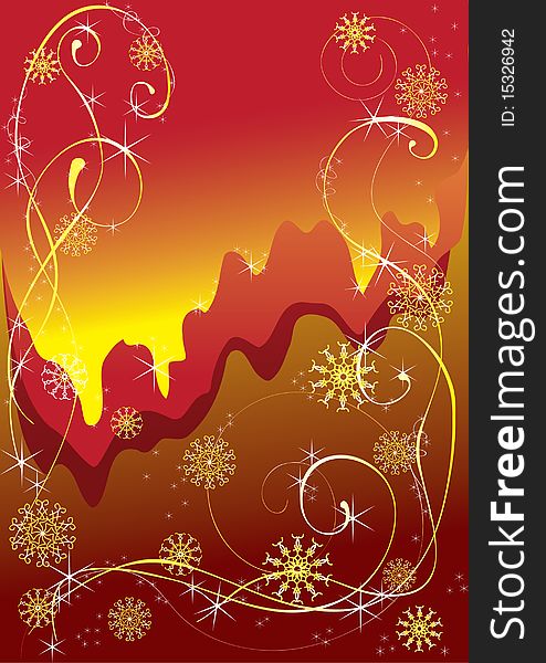 Snowflakes, decorative curls and stars on a red background. Snowflakes, decorative curls and stars on a red background