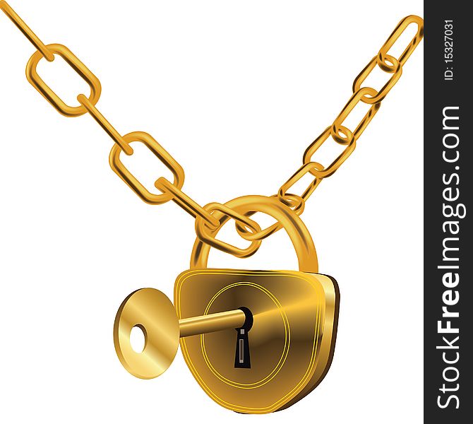Gold lock on chain with key. Gold lock on chain with key