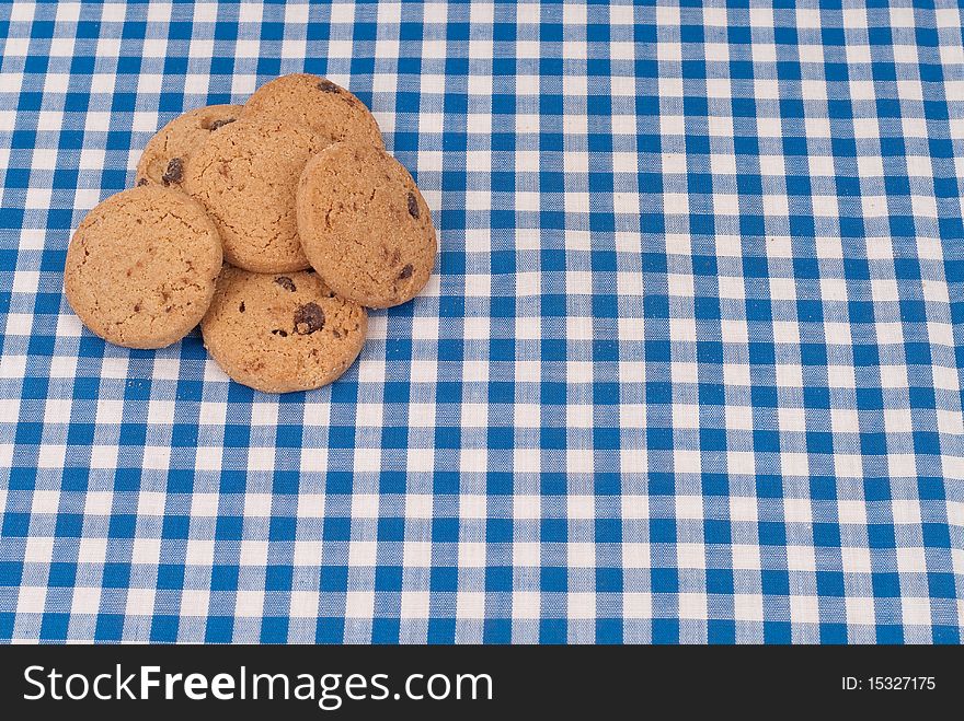 Chocolate Chip Cookies on Picnic Cloth with Space for Text. Chocolate Chip Cookies on Picnic Cloth with Space for Text