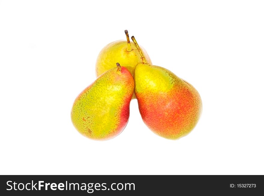 Three fresh bright red and green tasty pears isolated on white. Three fresh bright red and green tasty pears isolated on white