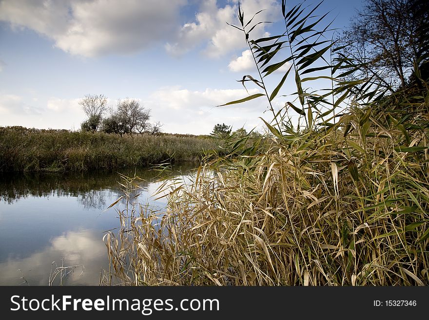 Samara river in Ukraine, reflecting the clouds , with the reeds in the foreground. Samara river in Ukraine, reflecting the clouds , with the reeds in the foreground