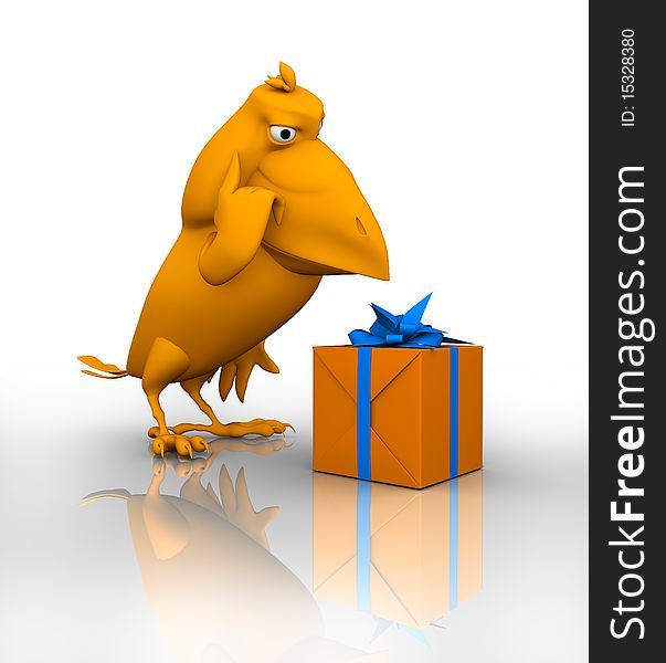 3d Raven thought over the orange gift. 3d Raven thought over the orange gift