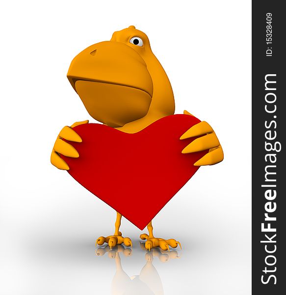 3d bird with a big red heart in hes hands