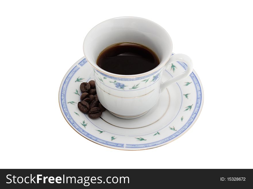 Cup of coffee with coffee beans. Isolated on white background