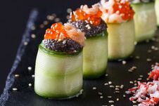 Rolls Covered In Cucumber With Caviar And Prawn Stock Image