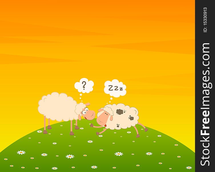 cartoon sheep sleeps on a grass for a design