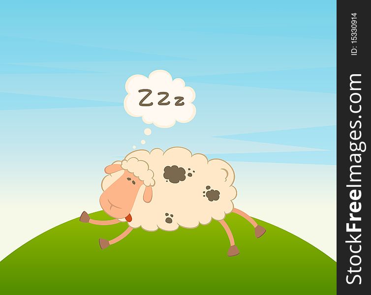 Cartoon sheep sleeps on a grass