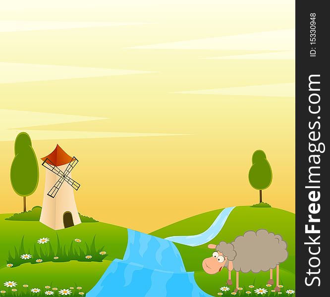 Landscape background with cartoon smiling sheep. Landscape background with cartoon smiling sheep