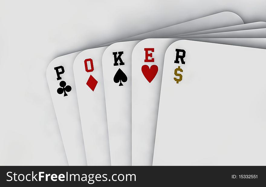 Poker Cards spelling the word Poker and a Dollar symbol, neutral background. Poker Cards spelling the word Poker and a Dollar symbol, neutral background.