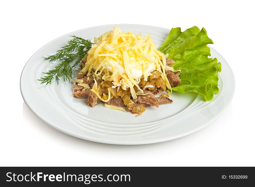 "Man power" salad with beef, fried onion, eggs and cheese