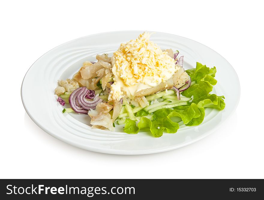 Japanese salad with zander, rice, cucumbers, onion and eggs. Isolated on white by clipping path.