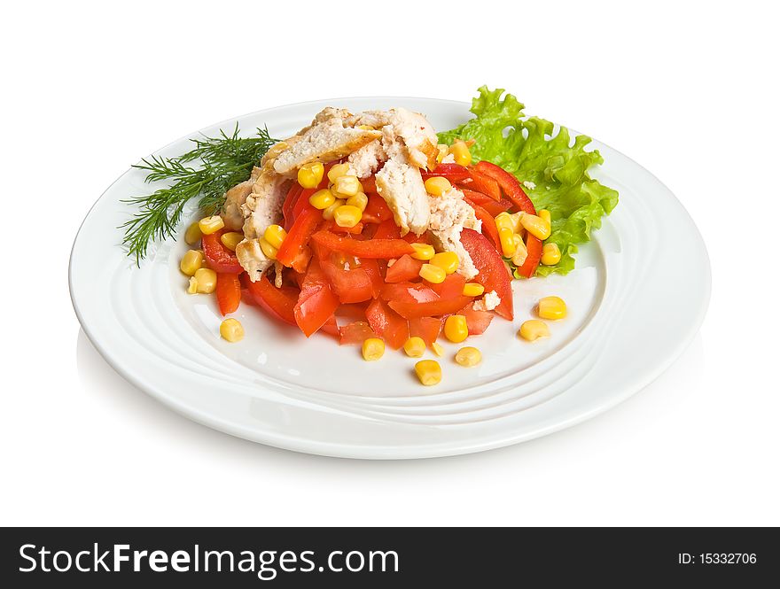 Ð¡ayenne salad with red pepper, chicken, corn and tomato.
Isolated on white by clipping path.
