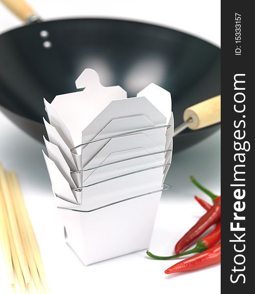 A Chinese takeaway container and a wok isolated against a white background