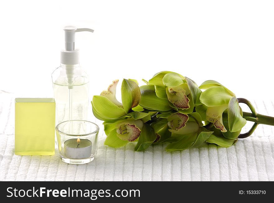 Spa and wellness massage oil and flowers