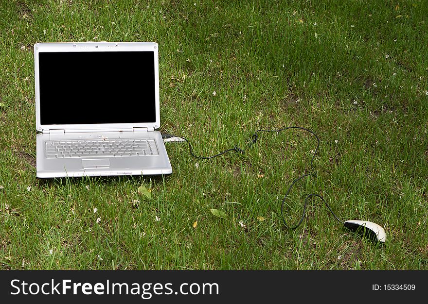 Laptop on a green grass background, natural environment. Laptop on a green grass background, natural environment