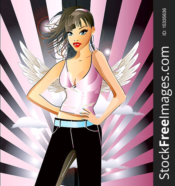 Illustration of a pretty girl with white wings on a pink background. Illustration of a pretty girl with white wings on a pink background