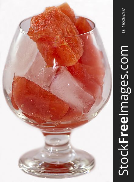Watermelon cubes with pieces of ice. Watermelon cubes with pieces of ice