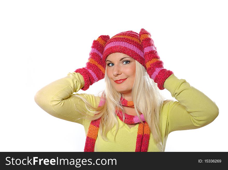 Portrait of pretty woman in hat and gloves