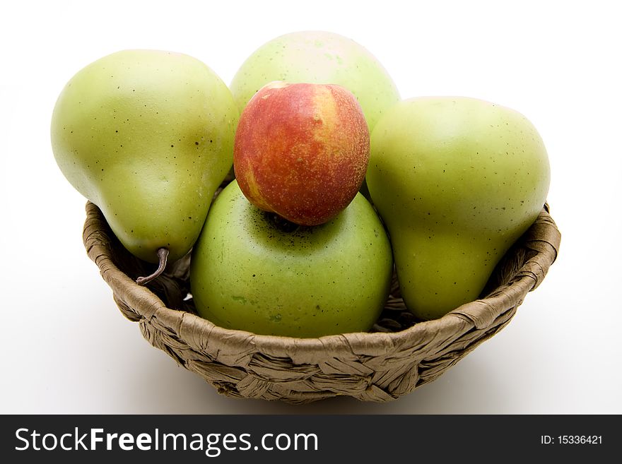 Nectarine on pear and apple