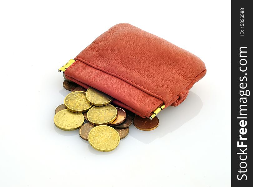 Red leather wallet with money on white background. Red leather wallet with money on white background
