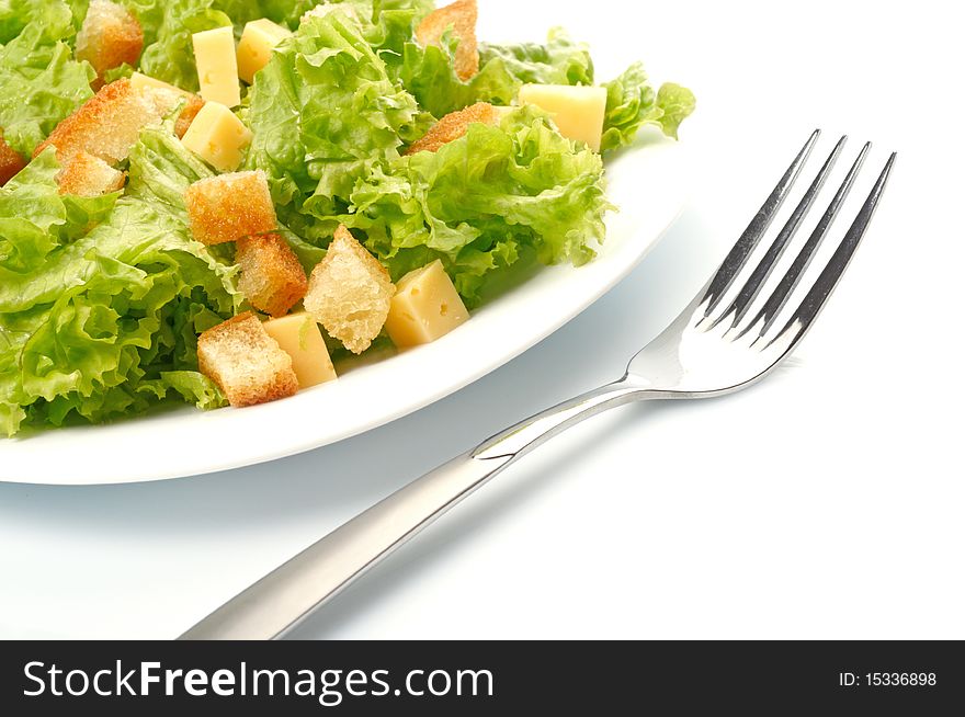 Close-up of salad on white plate and steel fork. Close-up of salad on white plate and steel fork
