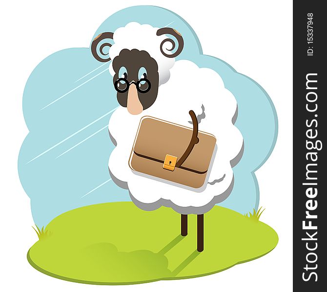 Illustration, white sheep bespectacled and with briefcase