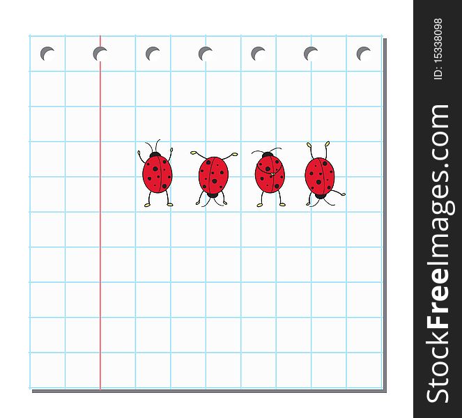 Four cute ladybugs on blank peace of paper