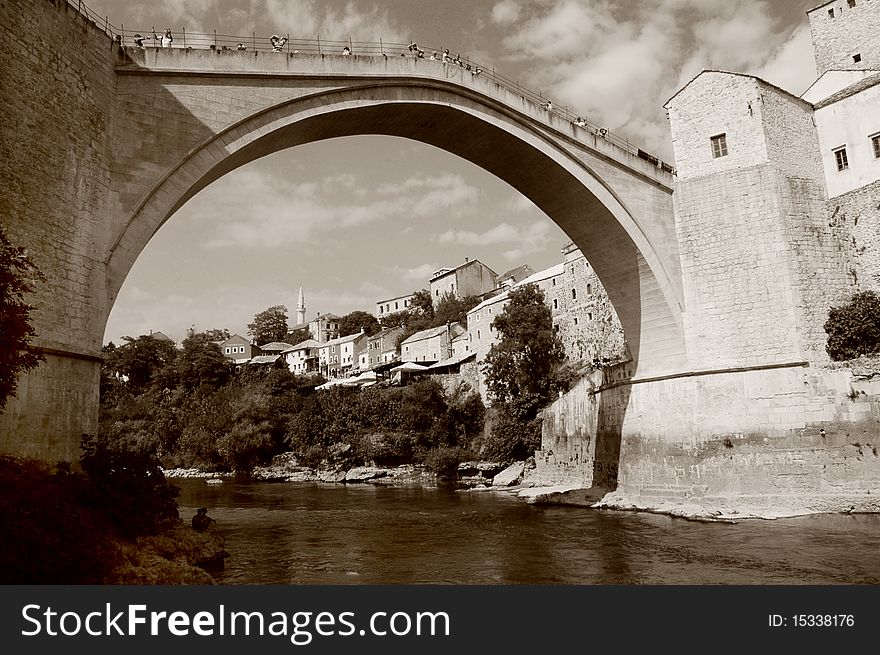 Mostar with the famous bridge, Bosnia and Herzegovina, sepia image
