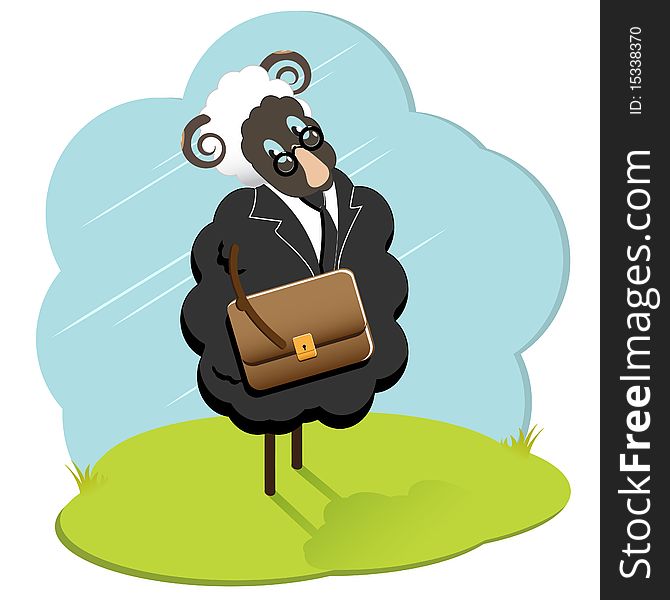Illustration, black sheep bespectacled and with briefcase