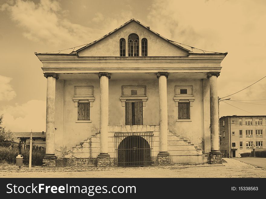 Old style photo of the historic synagogue was built in 1851 in Klimontow. Poland. Old style photo of the historic synagogue was built in 1851 in Klimontow. Poland