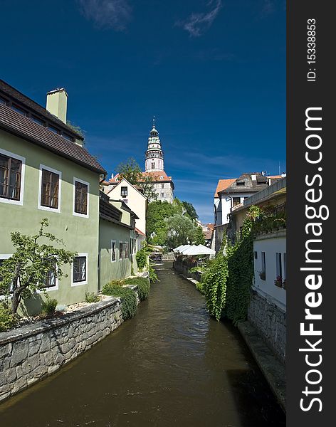 Narrow canal at Cesky Krumlov in Czech republic