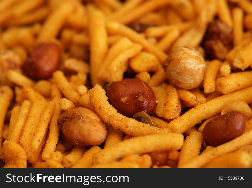 Close-up of indian bombay mix snack