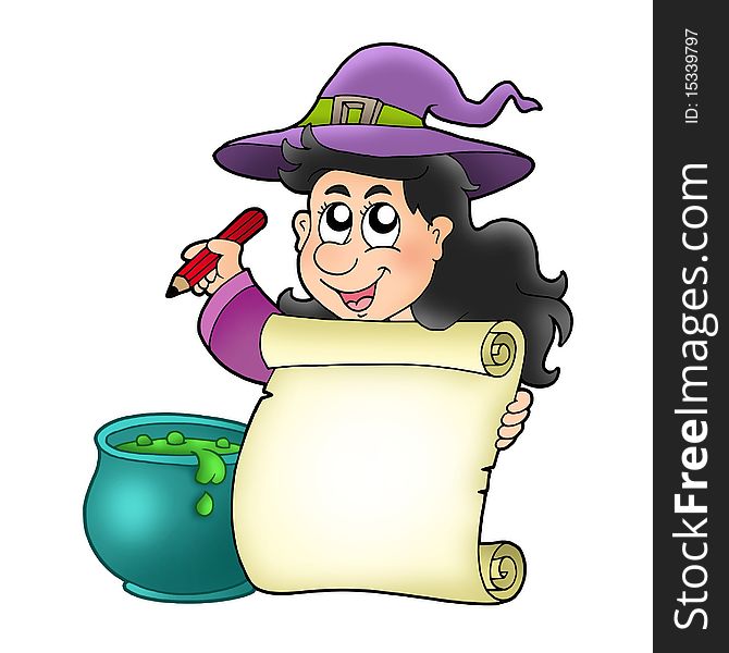 Cute witch holding scroll - color illustration.