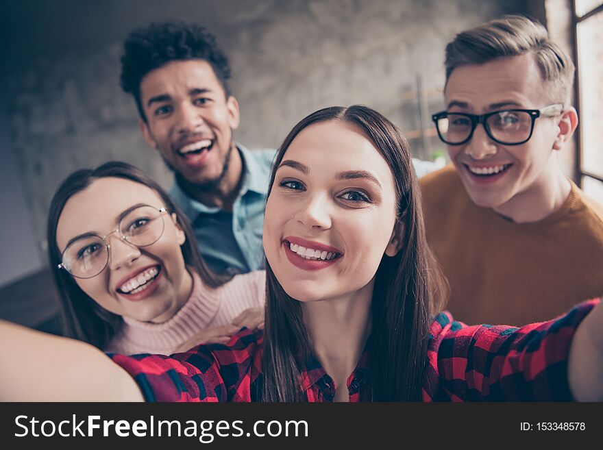 Close up photo of cute charming students education studying learners, have rest relax free time make photo video call laugh enjoy checked shirt eyewear eyeglasses pullover sweater loft industrial. Close up photo of cute charming students education studying learners, have rest relax free time make photo video call laugh enjoy checked shirt eyewear eyeglasses pullover sweater loft industrial