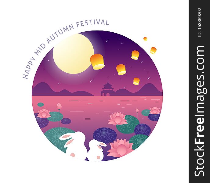 Mid Autumn Festival. Chuseok, Chinese wording translation Mid Autumn. Vector banner, background and poster with mooncake