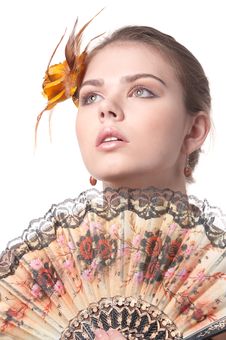 Girl With Colorful Fan Poses On White Royalty Free Stock Photos Girl With Colorful Fan Poses On White Royalty Free Stock Photos