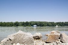 Donau River With Boat And Rocks Royalty Free Stock Image