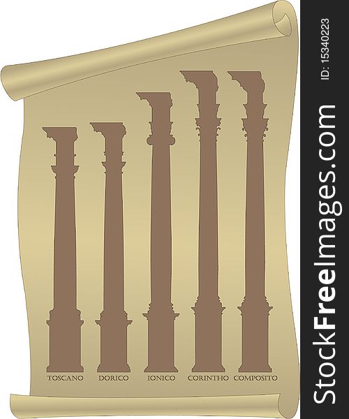 Silhouettes of antique columns on a parchment roll